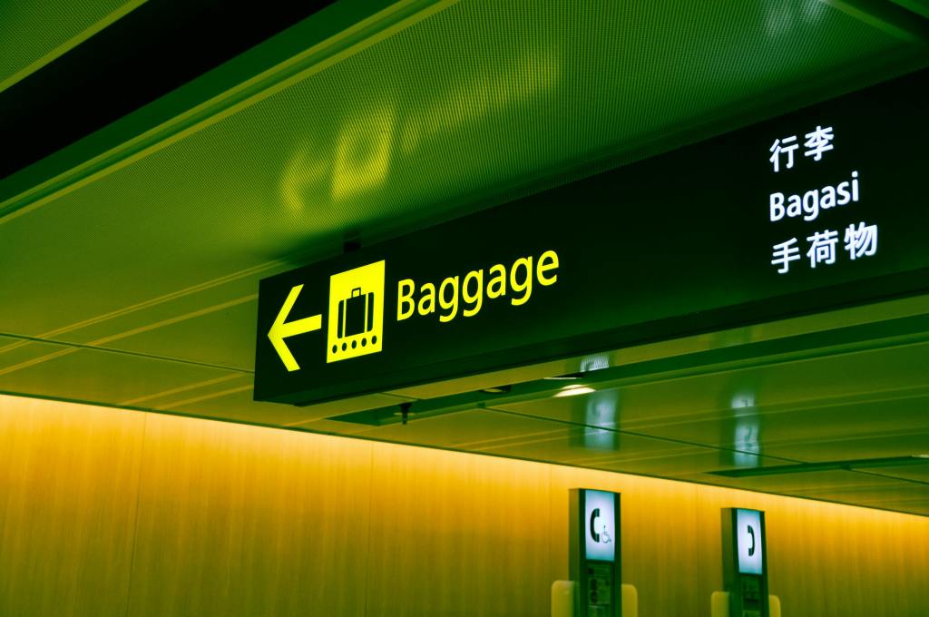 Sign at an airport leading to baggage claim area with several translations of the word “baggage”.